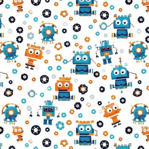 Peut inclure: Un motif sans couture représentant des robots colorés aux designs et expressions variés. Les robots sont bleus, orange et jaunes avec des détails noirs. Le fond est blanc avec des formes de fleurs bleues et orange.