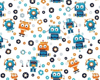 Könnte beinhalten: Ein nahtloses Muster mit bunten Robotern in verschiedenen Designs und Ausdrücken. Die Roboter sind blau, orange und gelb mit schwarzen Details. Der Hintergrund ist weiß mit blauen und orangefarbenen blütenartigen Formen.