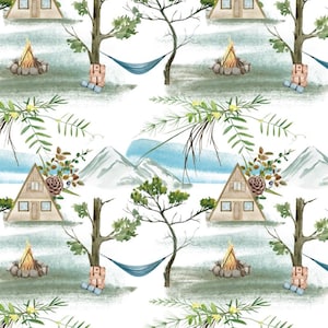 Watercolor Camping Pattern Fabric,Outside Camping  Pure Cotton Print Fabric By Half Yard