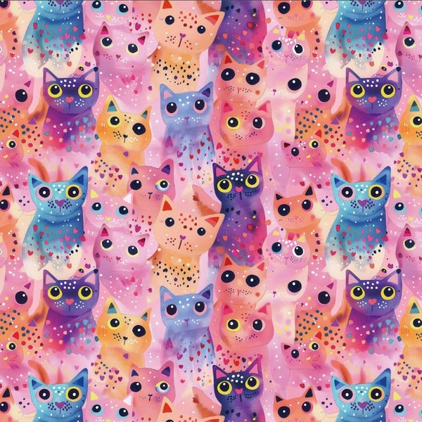 Mysterious Cat  Pattern Cotton Fabric,Colorful Cats Pure Cotton Print Fabric By Half Yard