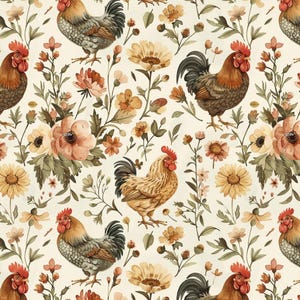 May include: A repeating pattern featuring roosters and floral elements. The roosters are depicted in shades of brown, grey, and gold, with vibrant red combs. The flowers include sunflowers and other blooms in warm tones against a cream background.