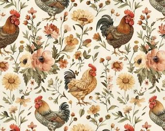 Chicken And Flower Print Cotton Fabric, Quilting Fabric By Half Yard
