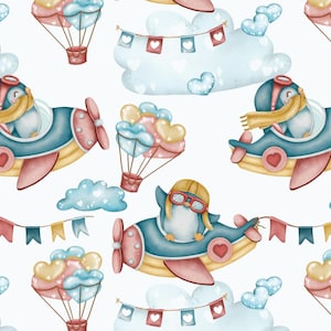 Cute Baby Penguin Pilot Pattern Fabric,Pure Cotton Print Fabric By Half Yard