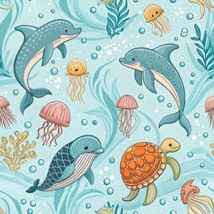 Può includere: Un motivo continuo con delfini blu, una tartaruga marina con guscio arancione e varie meduse nei toni del rosa e del giallo. Lo sfondo è una scena acquatica azzurra con bolle bianche e illustrazioni di alghe verdi.