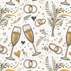 May include: A seamless pattern featuring champagne flutes, wedding rings, hearts, and botanical elements in gold, gray, and green on a white background. The design includes stars and small dots, creating a celebratory theme.