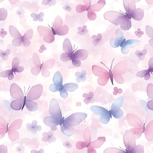 May include: A seamless pattern featuring watercolor butterflies in shades of pink, purple, and blue. The butterflies are scattered across a soft, pink and white background, with small floral accents.