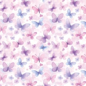May include: A repeating pattern of watercolor butterflies in shades of pink, purple, and blue on a white background. The butterflies vary in size and are interspersed with small, purple flower shapes. The overall effect is soft and whimsical.