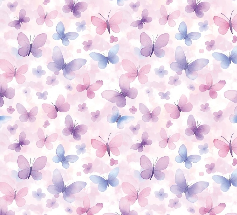 May include: A repeating pattern of watercolor butterflies in shades of pink, purple, and blue on a white background. The butterflies vary in size and are interspersed with small, purple flower shapes. The overall effect is soft and whimsical.