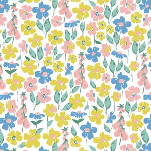Tessuto di cotone con motivo floreale giallo e blu, motivo floreale di fiori selvatici, tessuto di cotone stampato in puro cotone, a mezzo metro