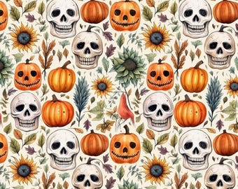 Halloween  Decor Fabric-Skull With Pumpkin Pattern Cotton Fabric Halloween Pattern Fabric,Pure Cotton Print Fabric By Half Yard