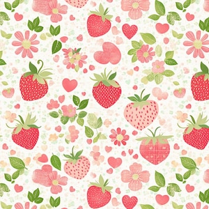 May include: A repeating pattern featuring strawberries, hearts, flowers, and leaves in red, pink, and green on a white backdrop. The strawberries have green stems and are mixed with pink hearts and floral elements.