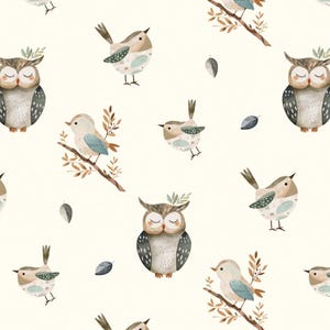 May include: A repeating pattern featuring watercolour birds and owls in brown, blue, and beige. The birds are perched on branches or flying, with leaves scattered throughout. The owls have closed eyes and leafy crowns.