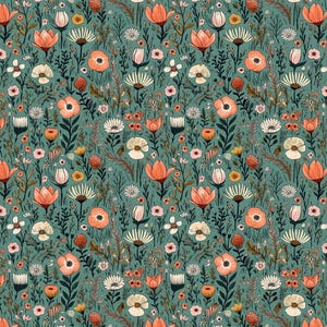 May include: A teal floral pattern with peach, white, and pink flowers. The design includes poppies, daisies, and other wildflowers, with dark green stems and leaves. The overall aesthetic is a whimsical, botanical theme. The pattern is suitable for fabric.