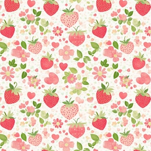 May include: A repeating pattern of strawberries, flowers, hearts, and leaves in red, pink, and green on a white backdrop. The design has a whimsical, hand-drawn aesthetic, suitable for fabric or wallpaper.