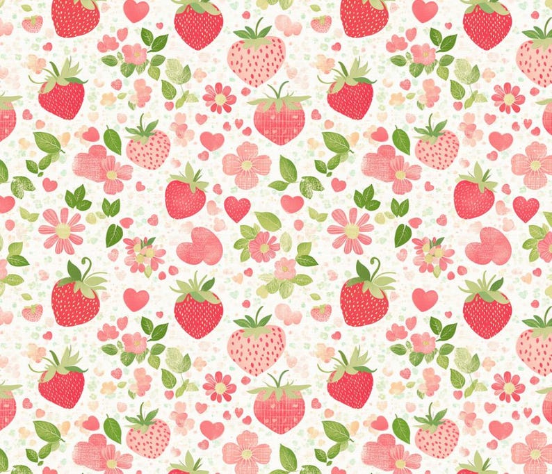 May include: A repeating pattern of strawberries, flowers, hearts, and leaves in red, pink, and green on a white backdrop. The design has a whimsical, hand-drawn aesthetic, suitable for fabric or wallpaper.