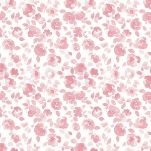 May include: A repeating pattern of pink watercolour roses and leaves on a white backdrop. The floral design is repeated across the surface, creating a delicate and romantic aesthetic. The roses vary in size and are surrounded by soft green leaves.