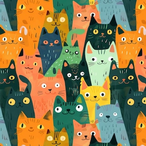 Könnte beinhalten: Ein farbenfrohes Muster mit stilisierten Katzen. Die Katzen sind in verschiedenen Farben dargestellt, darunter Orange, Grün, Blau und Gelb, mit ausdrucksstarken Gesichtern und einfachen Details. Das Design hat einen spielerischen und skurrilen Charakter.
