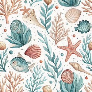 Pode incluir: Um padrão contínuo apresentando uma variedade de vida marinha, incluindo peixes azul-petróleo, estrelas-do-mar laranja, conchas bege e ramos de coral. O design é definido contra um fundo branco com pequenos pontos espalhados.
