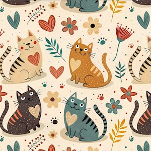 May include: A playful pattern showcasing cartoon cats in tan, orange, black, and teal. The cats have heart-shaped designs and are set against a cream backdrop with flowers, leaves, and paw prints. A charming design for cat lovers.