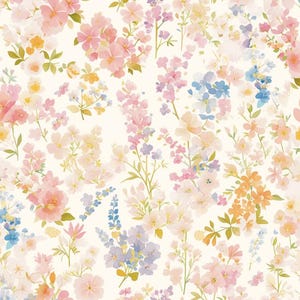 May include: A watercolour floral pattern with pink, peach, blue, and yellow flowers. The flowers are set against a cream background, creating a delicate and feminine design. The pattern is suitable for fabric or wallpaper.