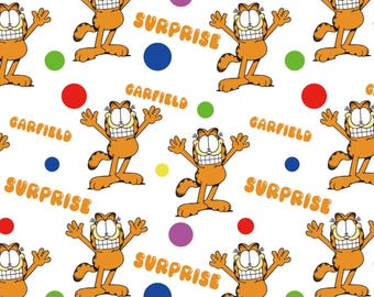 May include: A repeating pattern featuring the cartoon character Garfield in various poses. The orange cat is surrounded by colorful polka dots and the words "SURPRISE" and "GARFIELD" in orange text on a white background.