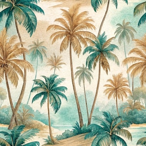 Puede incluir: Un patrón de papel tapiz sin costuras que presenta un paisaje tropical con numerosas palmeras en tonos marrón dorado y verde azulado. El fondo tiene una textura suave estilo acuarela con lavados en beige claro y azul pálido.