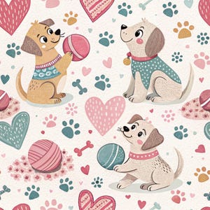 May include: A repeating pattern featuring light brown puppies playing with pink and blue yarn balls, interspersed with pink and teal hearts, small dog paw prints, and bone shapes on a cream-colored background with a textured paper appearance.