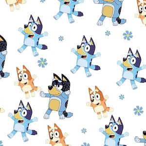 Tecido de desenho animado de cachorro Bluey - Tecido de algodão fofo Bluey com Bingo, tecido estampado de algodão puro por meia jarda