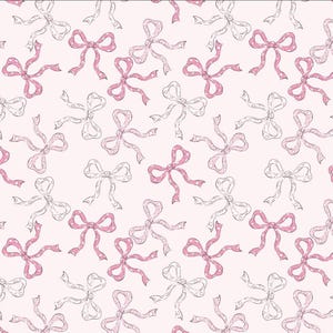 Puede incluir: Un patrón repetido de lazos dibujados a mano en rosa y blanco sobre un fondo rosa claro. Algunos lazos tienen un diseño de lunares. Los lazos están dispuestos en un diseño disperso y general.