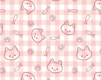 Adorable Cat Simple Drawing Pink Cat Quilt Fabric,Pure Cotton Print Fabric By Half Yard