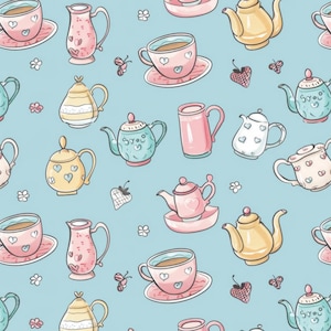 May include: A seamless pattern featuring a variety of teapots and teacups in pastel colours on a light blue background. The pattern includes teapots in various shapes and sizes, some with floral designs, and teacups with saucers. There are also small floral and strawberry accents throughout the pattern.