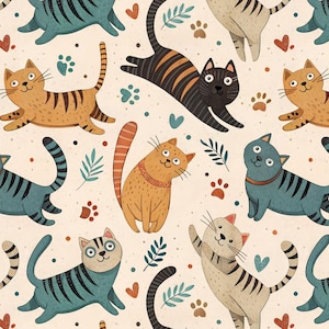 Peut inclure: Un motif fantaisiste avec des chats de dessin animé de différentes couleurs, notamment orange, noir et bleu, avec des rayures. Le motif comprend des empreintes de pattes, des cœurs et des feuilles sur fond crème.
