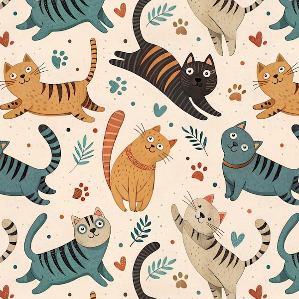 Retro Cats Fabric-Cute Cats Pattern Cotton Fabric Colorful Dot Pattern Fabric,Pure Cotton Print Fabric By Half Yard