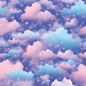Könnte beinhalten: Ein verträumtes Muster mit flauschigen Wolken in Rosa- und Blautönen vor einem tiefblauen Himmel. Winzige, funkelnde Sterne sind über die Szene verstreut und erzeugen ein skurriles und himmlisches Design.