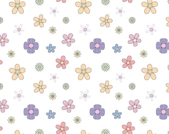 Tela de algodón con estampado floral de flores de colores, 1/2 yarda