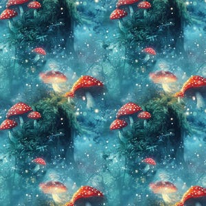 Puede incluir: Una ilustración caprichosa de un bosque mágico con setas rojas y blancas brillantes. El fondo es de color azul verdoso con puntos blancos, creando una atmósfera de ensueño.