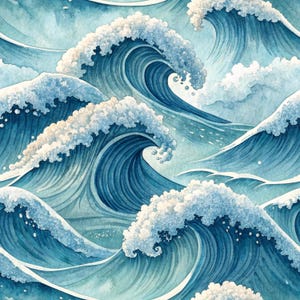 May include: A repeating pattern featuring stylised ocean waves in shades of deep blue, light blue, and white. The design depicts multiple cresting waves with detailed foam textures, creating a continuous, fluid visual of turbulent sea water.