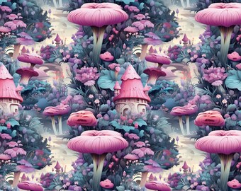 Pastel Fairytale Castle And Mushroom Pattern Fabric,Pure Cotton Print Fabric By Half Yard