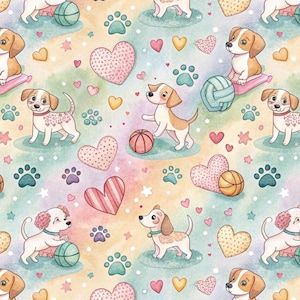 May include: A seamless pattern featuring adorable cartoon dogs playing with basketballs and hearts. The background is a soft pastel rainbow with paw prints and stars.