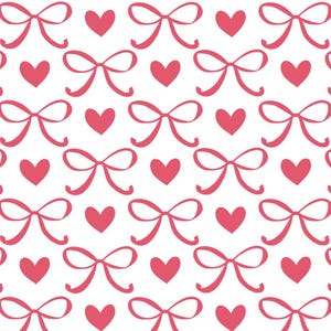 Pode incluir: Um padrão sem costura com laços e corações rosa sobre um fundo branco. O padrão é perfeito para usar em scrapbooking, criação de cartões e outros projetos de artesanato.