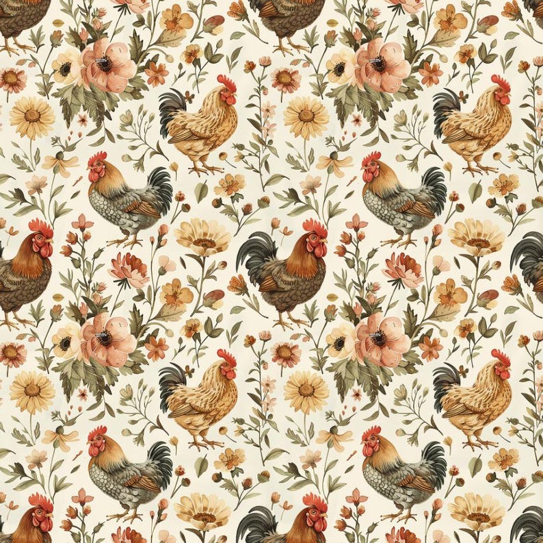 Chicken and Flower Print Cotton Fabric, Quilting Fabric by Half Yard - Etsy