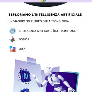 Può includere: Illustrazione che promuove l'apprendimento dell'intelligenza artificiale. Un robot esce dallo schermo di un laptop, indicando una scheda di circuito con la scritta "IA". L'immagine include il testo "Esplora l'intelligenza artificiale" e "Un viaggio nel futuro della tecnologia."