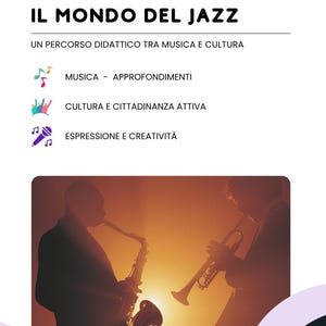 Könnte beinhalten: Ein weißes Lehrplakat mit dem Titel IL MONDO DEL JAZZ, UN PERCORSO DIDATTICO TRA MUSICA E CULTURA. Es enthält drei Symbole: bunte Musiknoten, eine Gruppe von Menschen und ein Mikrofon mit einem Stift, gefolgt von Text für jeden Abschnitt.