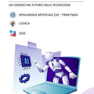 Può includere: Un poster grafico bianco e blu intitolato ESPLORIAMO L'INTELLIGENZA ARTIFICIALE. Raffigura un robot che emerge dallo schermo di un portatile indicando un chip AI blu. Sono presenti icone per logica e quiz, insieme al testo UN VIAGGIO NEL FUTURO.