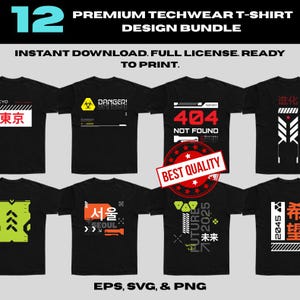 May include: A bundle of 12 black techwear t-shirts with various designs. The shirts feature graphics with text like "404 NOT FOUND", "DANGER!", and Japanese and Korean characters. The image also includes the text "PREMIUM TECHWEAR T-SHIRT DESIGN BUNDLE".
