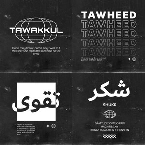 May include: Black and white graphic design with the Arabic word "tawakkul" in a circle with a globe icon. The text "Plans may break, paths may twist, but the One who holds the outcome never errs" is below the circle. The Arabic word "tawheed" is repeated five times in a column. The text "There is only One, without partner, without equal" is below the column. The Arabic word "shukr" is in a square with a globe icon. The text "GRATITUDE SOFTENS PAIN MAGNIFIES JOY BRINGS BARAKAH IN THE UNSEEN" is below the square. The Arabic word "taqwa" is in a square with a globe icon. The text "Taqwa is more than feel-it's love wrapped in awareness. It guides the tongue, guards the gaze, and softens the soul" is below the square.