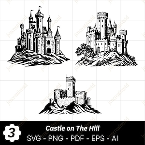 Può includere: Illustrazioni in bianco e nero di tre castelli su colline. Ogni castello ha torri, torrette e bandiere. L'immagine include il testo "Castle on The Hill" e le opzioni di tipo di file: SVG, PNG, PDF, EPS e AI.