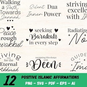 Puede incluir: Una colección de 12 afirmaciones islámicas positivas en escritura negra sobre un fondo claro de vetas de madera. Las frases incluyen "Walking a Path Towards Jannah" y "Seeking Barakah in every step". La pancarta inferior dice "Positive Islamic Affirmations."
