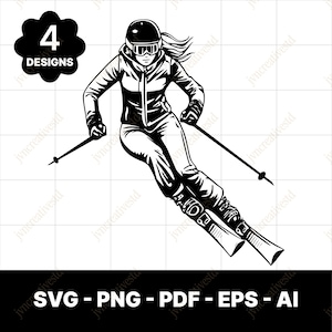 Puede incluir: Ilustración en blanco y negro de un esquiador en acción, con casco y gafas, esquiando cuesta abajo con bastones. La imagen incluye el texto "4 DESIGNS" y opciones de tipo de archivo: SVG, PNG, PDF, EPS y AI.