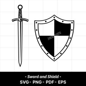 May include: Black and white illustration of a sword and shield. The sword has a detailed handle and a long, pointed blade. The shield is divided into black and white quadrants and has a studded border. The text "- Sword and Shield -" is below the image.